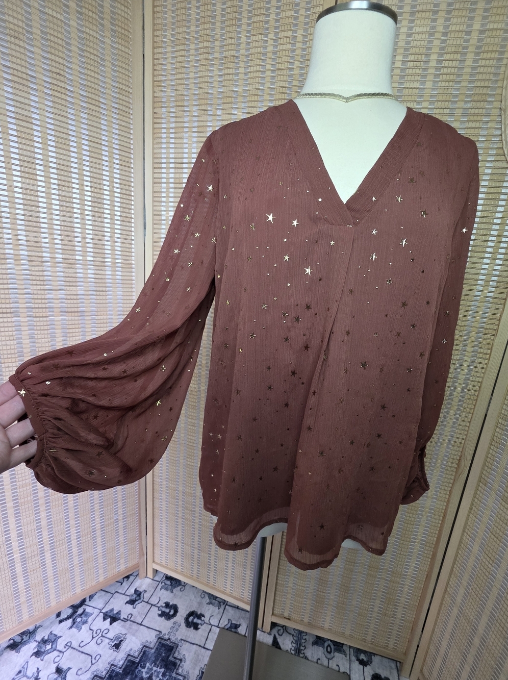 Romantic Poet Sheer Sleeve Blouse in Rust Brown with Gold Stars, Flowy, V-neck